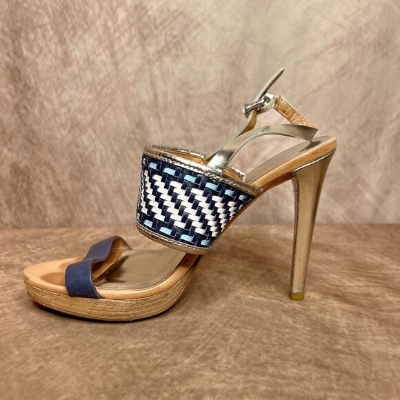 Coach Steffi Heels Pumps Slingback Woven Open Toe Sandals Silver Metallic Blue - Picture 10 of 14